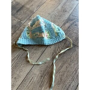 Baby Bonnet Hat Knit Blue Pink Yellow Floral Cable Stitch Ear Flaps Tie